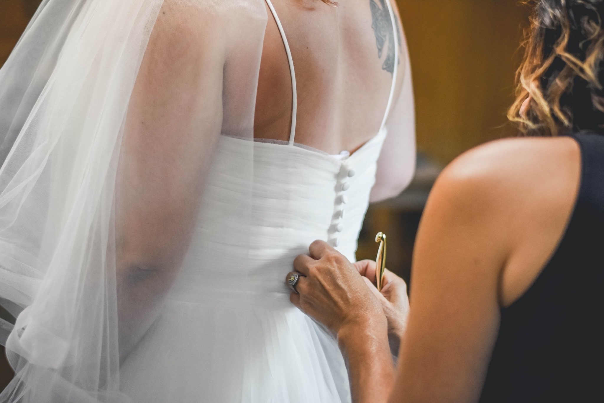 White tulle bridal gown with veil.