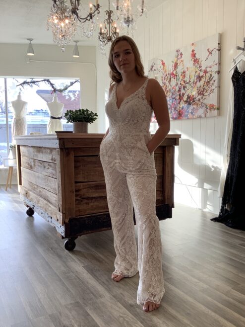  Tidal jumpsuit that has matching wedding dress from bridal shop in west bend Wisconsin 