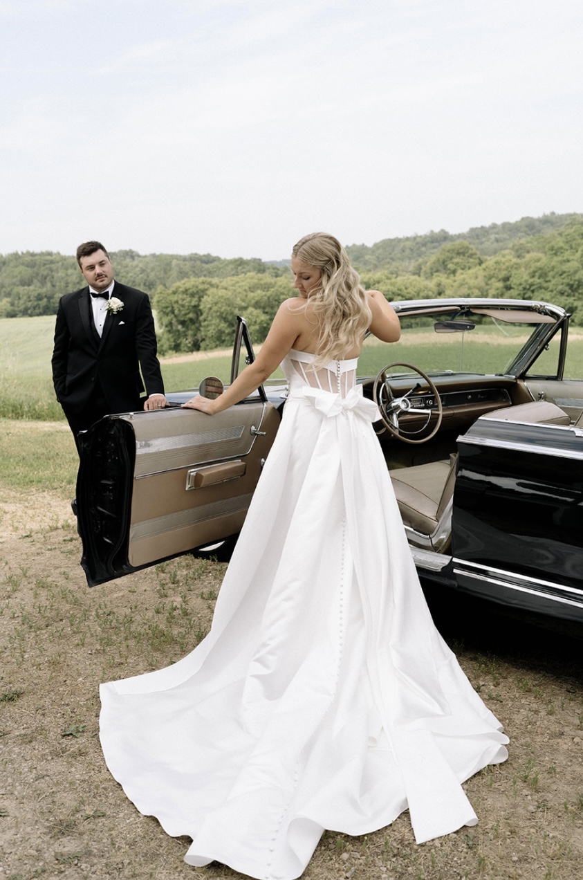 Bride in wedding gown purchased off the rack for a quick wear date